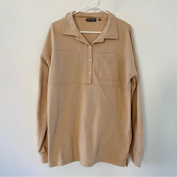 EUC PrettyLittleThing Women Stone Polo Collar Sweatshirt Mini Dress Size US 1 - Picture 6 of 12